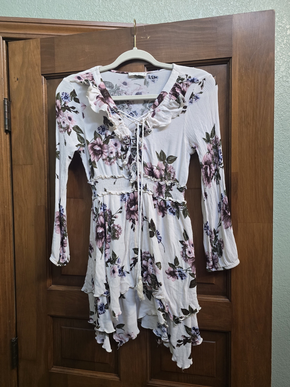 ILLA ILLA White Floral Ruffle Mini Dress with Pink and Green Accents